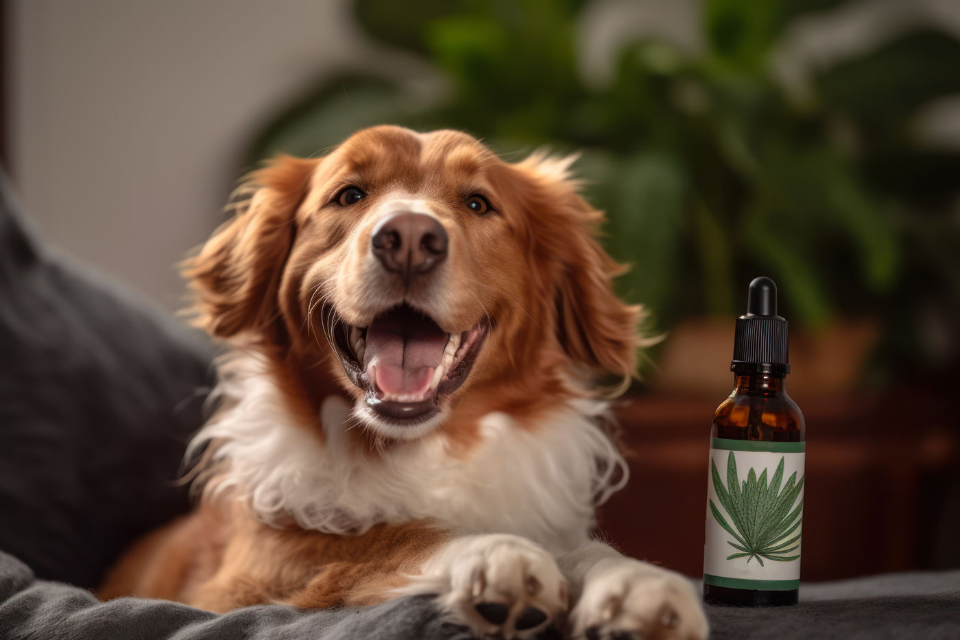 Glücklicher Hund mit CBD-Tropfen