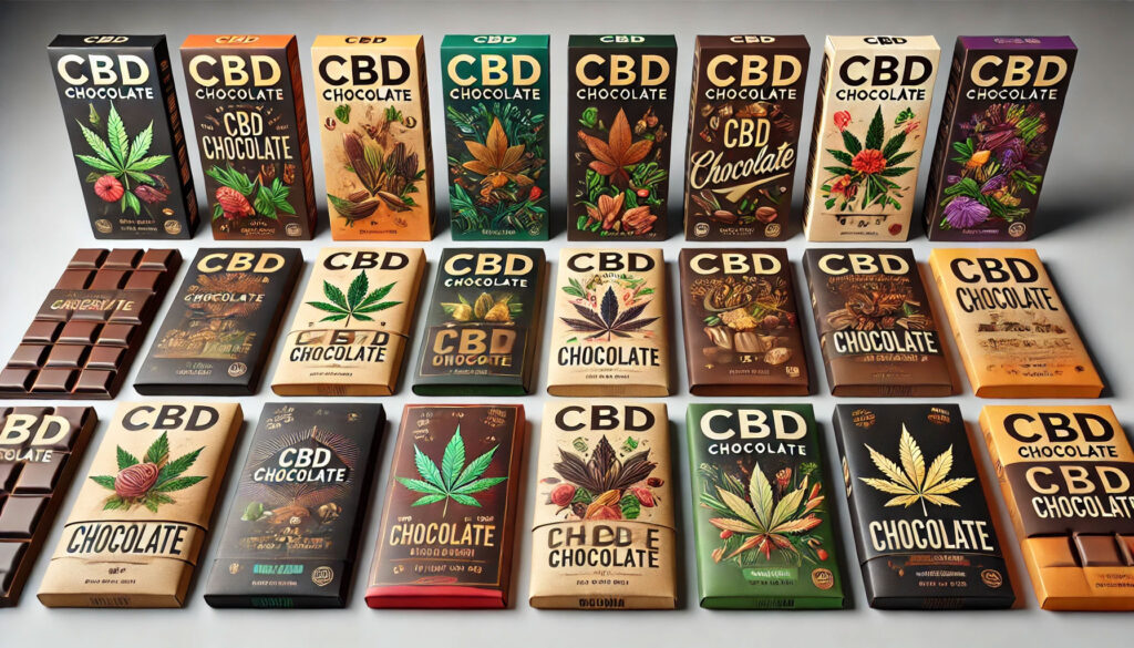 Verschiedene Sorten CBD Schokoladen in Verpackungen
