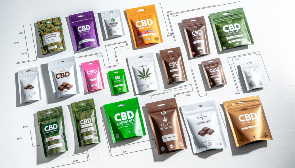 Eine Auswahl von verschiedenen CBD Schokoladenverpackungen